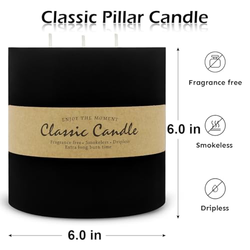 Black 3-Wick Large Pillar Candle 6x6 Inch for Halloween Home Decor - UNICY