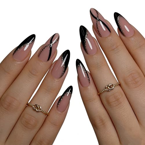 Medium Almond French Tip Press-On Nails Style 9 - Black Glitter Fake Nails, Reusable