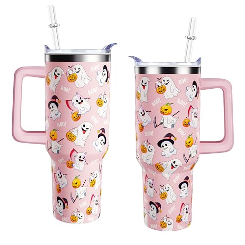 Pink 40 oz Halloween Ghost Tumbler with Handle, Leak-Proof Lid & Straw