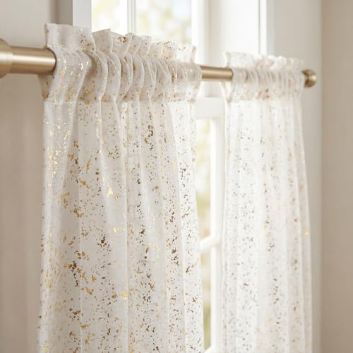 White Tier Curtains 52x36 Inch Pack of 2 - Gold Sequin Window Drapes