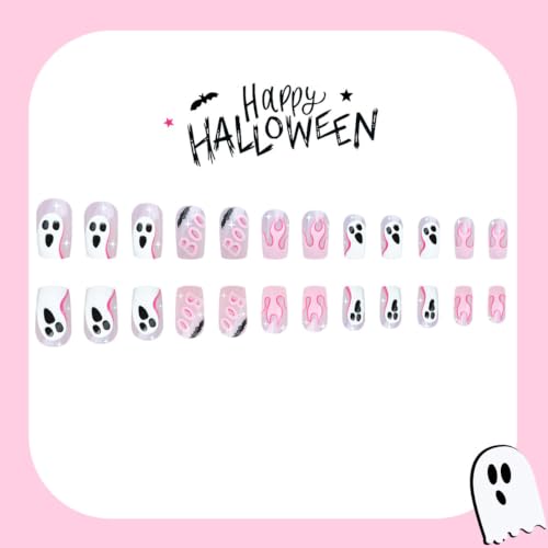 Halloween Press On Nails Medium Square Pink with Ghost Bat Flame - Style11