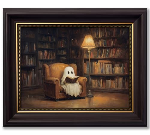 Vbaourut Halloween Ghost Wall Art - Reading Ghost Framed Decor 12x16 Inches - Dark Academia Style