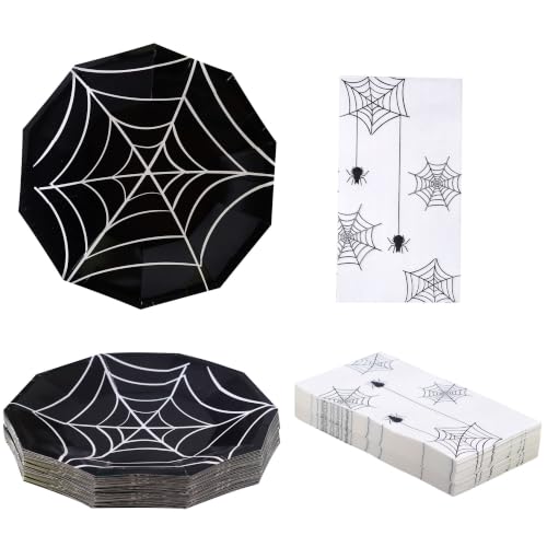 Halloween Party Plates and Napkins Set for 24 Guests - Spider Web Disposable Dinnerware