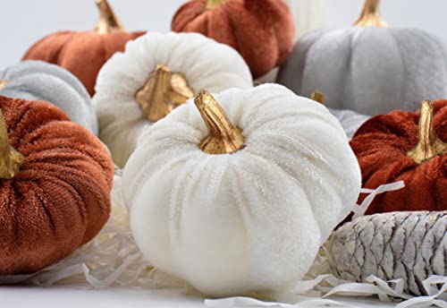 Velvet Pumpkins Fall Decor Set - Multi-Color Faux Autumn Harvest Halloween Thanksgiving Wedding Table Centerpieces - 18 Pieces