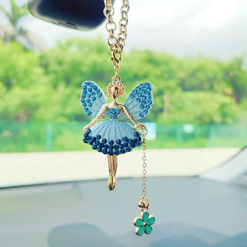 Fairy Blue Sparkling Car Decoration for Women Interior Bling Rearview Mirror Accessory