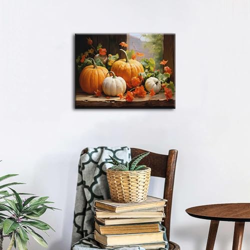 Fall Pumpkin Canvas Wall Art - 16x12 Inch Autumn Themed Farmhouse Decor
