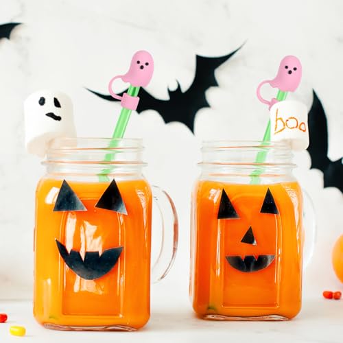 Halloween Ghost Silicone Straw Covers - Pink Reusable Tumbler Straw Topper (Variation: Cute Ghost)