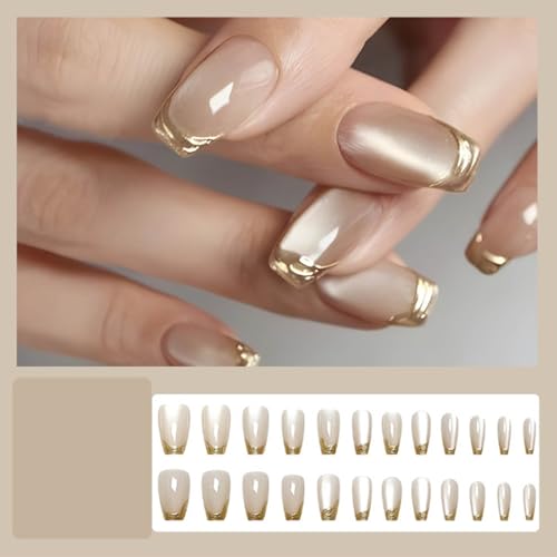 24Pcs Short Square French Cat's Eye Press-On Nails Glossy Fake Nails