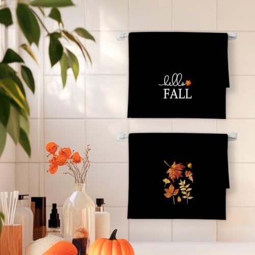 Hello Fall Kitchen Towels Set of 2 - Autumn Maple Leaves Decorative Hand Towels