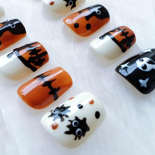 Halloween Press On Nails Short Square False Nails - Handmade Festive Orange Black M