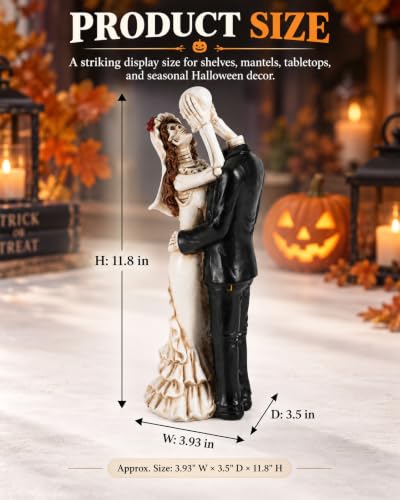 Dancing Skeleton Bride and Groom Figurine - 12'' Gothic Wedding Cake Topper, Halloween Decor, Romantic Spooky Figurine - Large