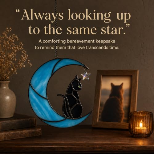 Stained Glass Black Cat Suncatcher - Blue Moon Rainbow Maker with Green Eyes Variation
