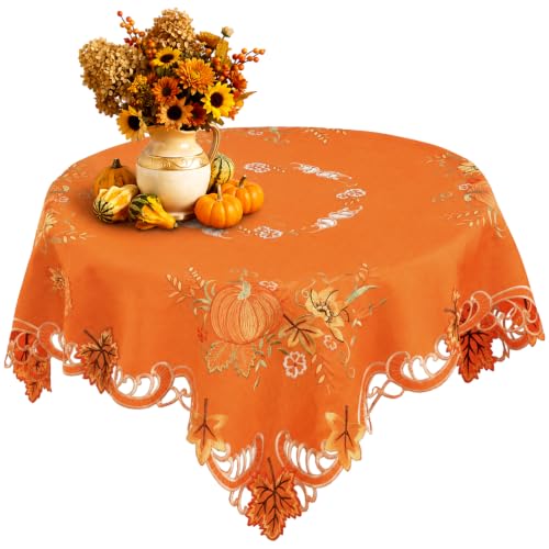 Fall Tablecloth 34 Inch Square Embroidered Pumpkin Sunflowers Autumn Decor - Rust Orange