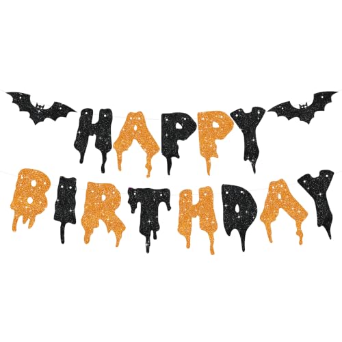 Halloween Banner Decorations - Glitter Happy Birthday Banner with Dripping Blood & Bat Design - Black & Orange - No DIY