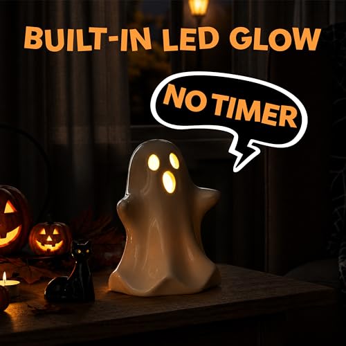 Halloween Ghost Decor Set Light Up LED Ceramic Ghosts 4 Pack - 3 Inch