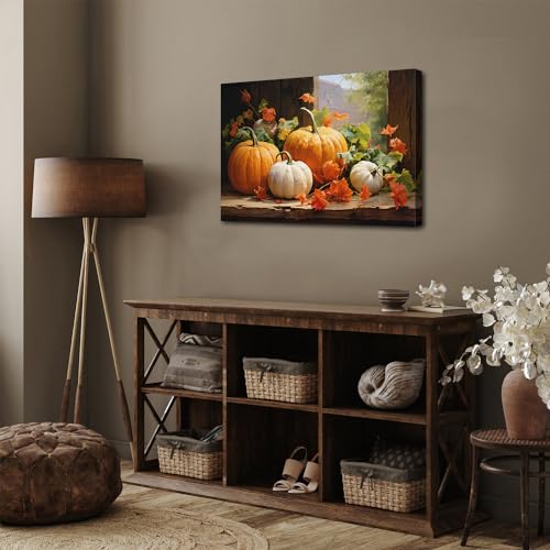 Pumpkin Canvas Wall Art - Fall Autumn Decor with Maple Leaf - 24x16 Inch Pumpkin