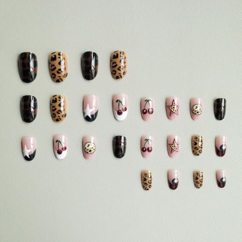 IMSOHOT Short Oval Press On Nails Brown Leopard Print with Cherry - Variation 92-02Brown