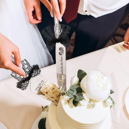 Gothic Wedding Cake Server Set with Skull Engraving & Champagne Glasses
