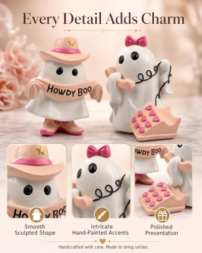 Pink Howdy Boo Ghost and Telephone Resin Halloween Figurines Set - Cute Ghost Decor