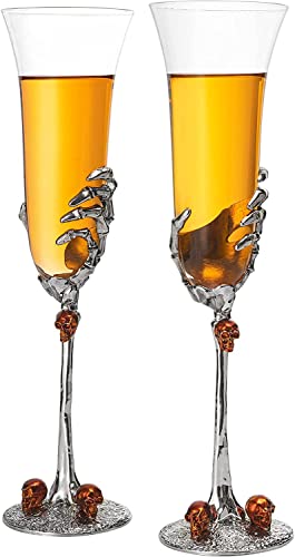 Double Set Skeleton Champagne Glasses - 2 Gothic 7oz Spooky Skeleton Wine Flutes for Halloween