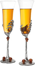 Double Set Skeleton Champagne Glasses - 2 Gothic 7oz Spooky Skeleton Wine Flutes for Halloween