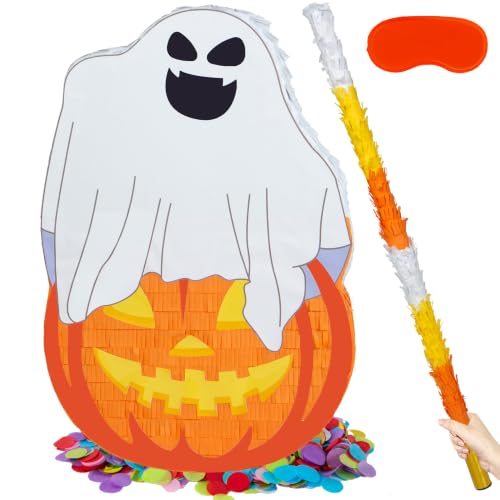 Halloween Pumpkin Ghost Piñata with Stick & Confetti - 21.6 Inch Party Game Decoration