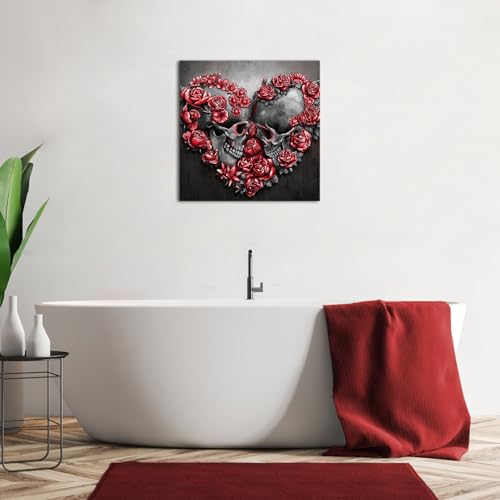 Gothic Skull and Roses Wall Art - Red Floral Heart Design, 20x20 Inch