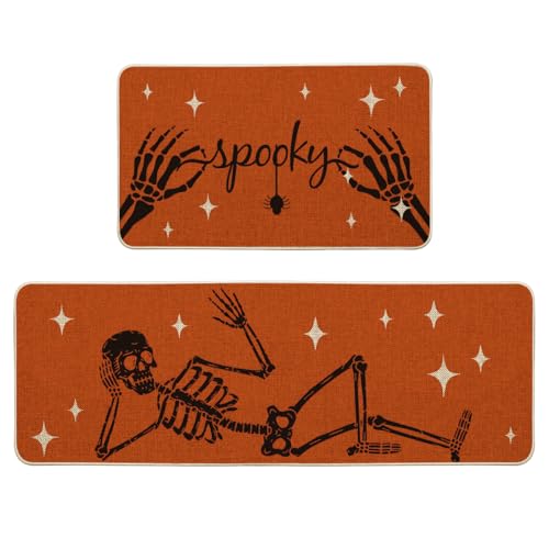 Skeleton Halloween Kitchen Mats Set of 2 - Orange, 17x29 & 17x47 Inches