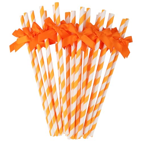 Orange Bow Striped Paper Straws - 24 Pack Biodegradable Disposable Drinkware for Parties