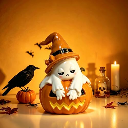 Halloween Ghost Pumpkin Figurine with Light - Resin Tabletop Decor