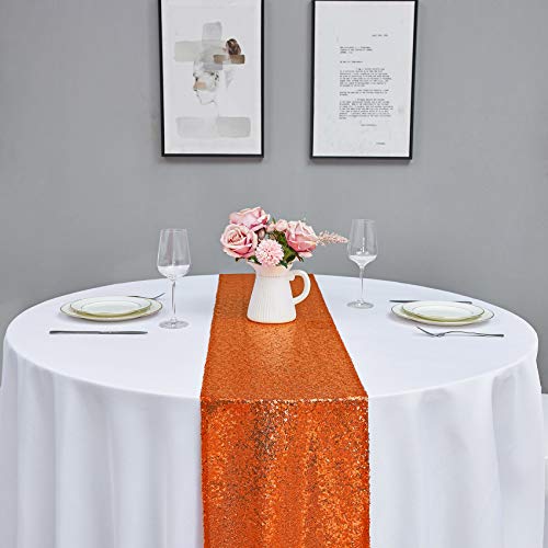 12x108 Inch Sequin Table Runner Set - 6 Pieces Orange Glitter Event Decor