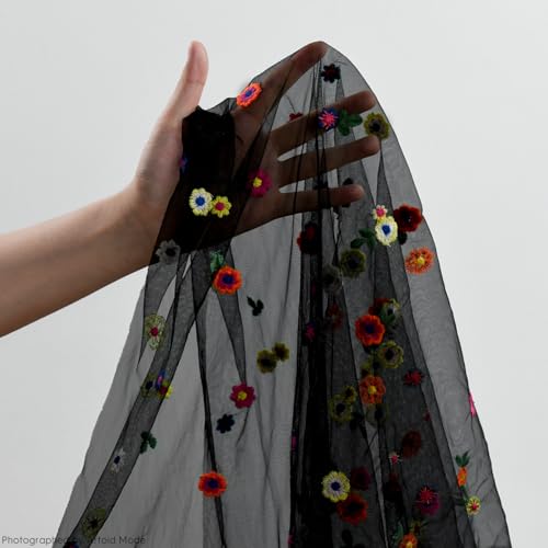 Black Embroidery Daisy Gauze Table Runner 28x120 Inch - Artoid Mode