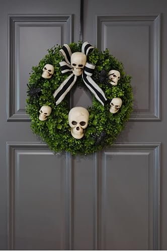 Halloween Front Door Wreath 20 Inch Faux Boxwood Skull Spider Decor
