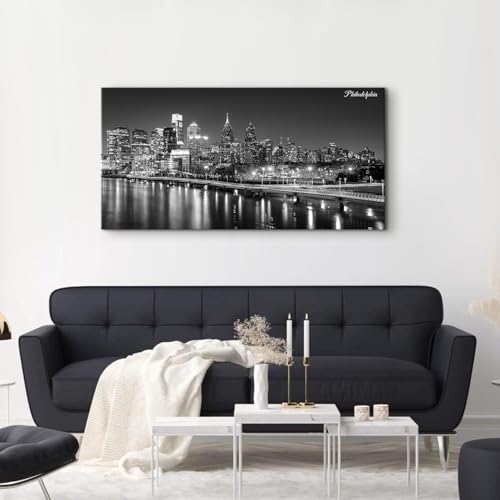 Philadelphia Skyline Wall Art Canvas - Black & White Cityscape, 48 x 24 Inches - Night View Cityscape Poster for Home & Office Decor