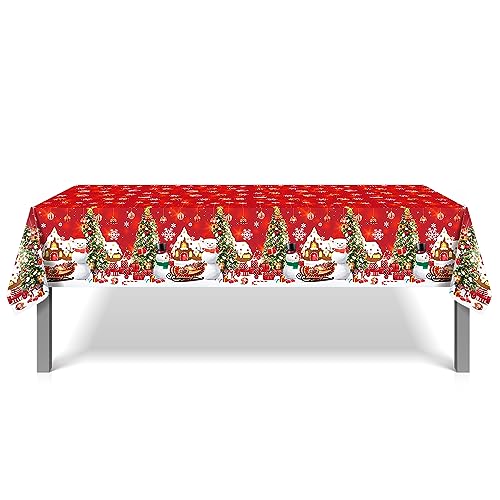 Christmas Tablecloths Set - Snowflake, Snowman, Tree Designs, 87x51 Inch Disposable Plastic, 3 Pack