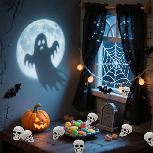 48 Mini Plastic Skull Heads for Halloween Decorations - Spooky Tabletop & Haunted House Props - Variation of 48