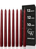 12 Inch Burgundy Taper Candles Set of 12 Unscented Dripless Christmas & Party Decor