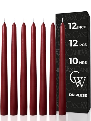 12 Inch Burgundy Taper Candles Set of 12 Unscented Dripless Christmas & Party Decor