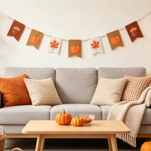 Orange Fall Garland with Felt Pumpkins & Wood Beads - 9.84FT Farmhouse Fall Decor
