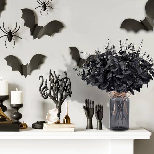 Black Eucalyptus Stems with Glass Vase - Halloween Table Decor, Variation: Black With Vase
