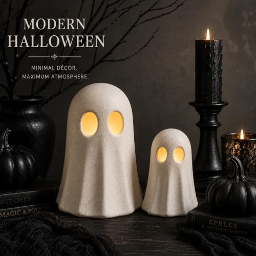 Halloween Ghost Figurines with LED String Lights - 7.87 & 5.91 Inches, Terracotta Decor Set - 2 Pieces - Variation of THIS listing