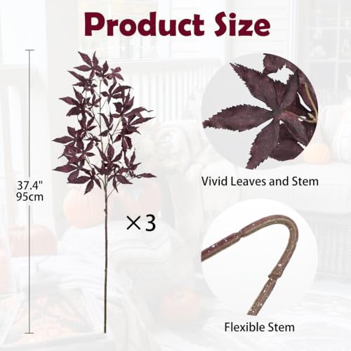 Artificial Japanese Maple Leaf Stems - Burgundy Fall Foliage, 3 Pack
