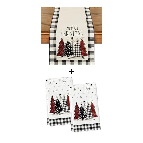 Buffalo Plaid Christmas Dish Towels & Table Runner Set - Holiday Kitchen Decor