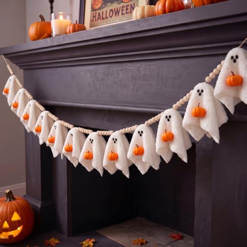 Halloween Ghost Garland - 6.6ft Indoor Mantel & Wall Decor with Wooden Beads