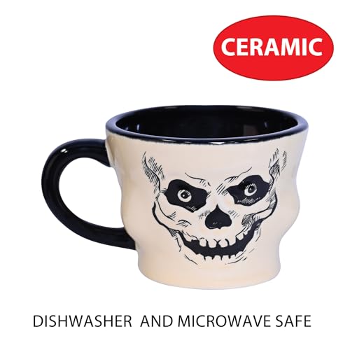 Vintage Halloween Ceramic Skull Mug with Black Handle - 12 Oz, Skeleton Face, Bone White & Black, Skull Variation