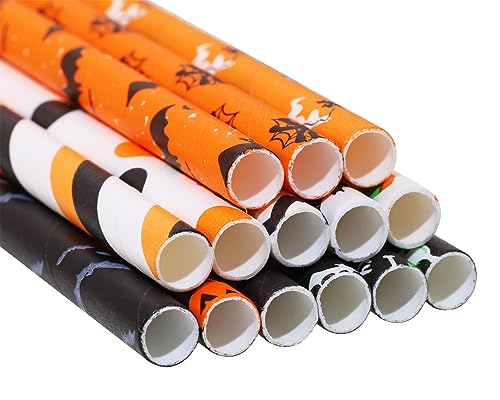 Halloween Paper Straws Penta Angel 50Pcs Pumpkin Bat Spider Skull Pattern - Halloween Party Favor