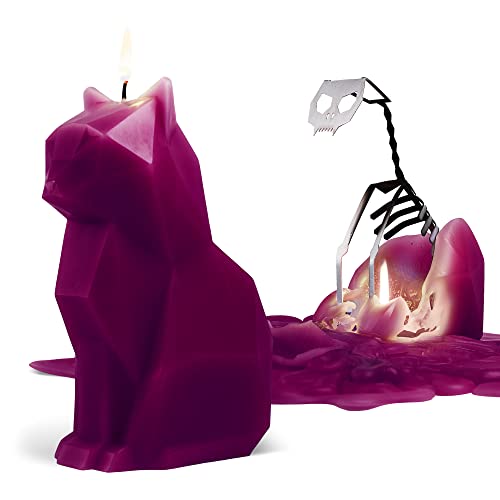 Pyropet Kisa Cat Candle with Skeleton Inside - Burgundy, 20-25 Hour Burn, Sculptural Geometric Cat Art