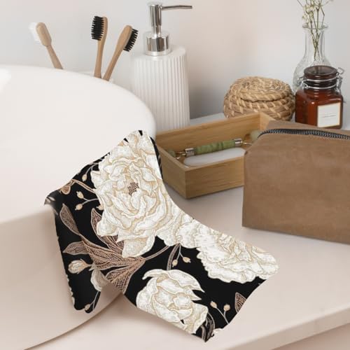 Decorative Floral Kitchen Towels Set - Black White Gold Peony 16x24 Inch