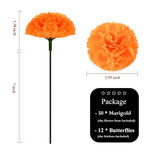 Artificial Marigold Flower Heads & Monarch Butterfly Set for Festival Decorations - 50 Pieces