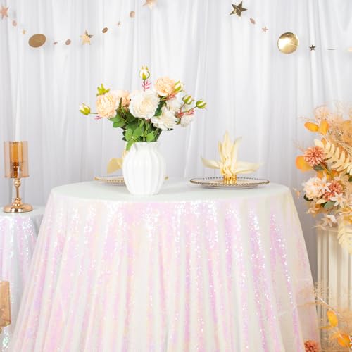 Iridescent White Round Sequin Tablecloth 72 Inch Wedding Birthday Decor - Sparkly Overlay